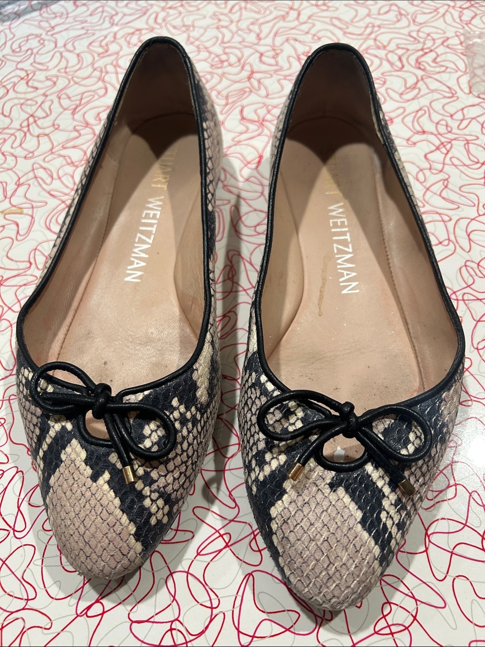 Stuart Weitzman Black and Beige Snake-Print Leather Flats